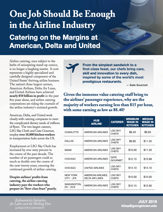 Page from a 2019 KI report with the title "One Job Should be Enough in the Airline Industry: Catering on the Margins at American, Delta and United."