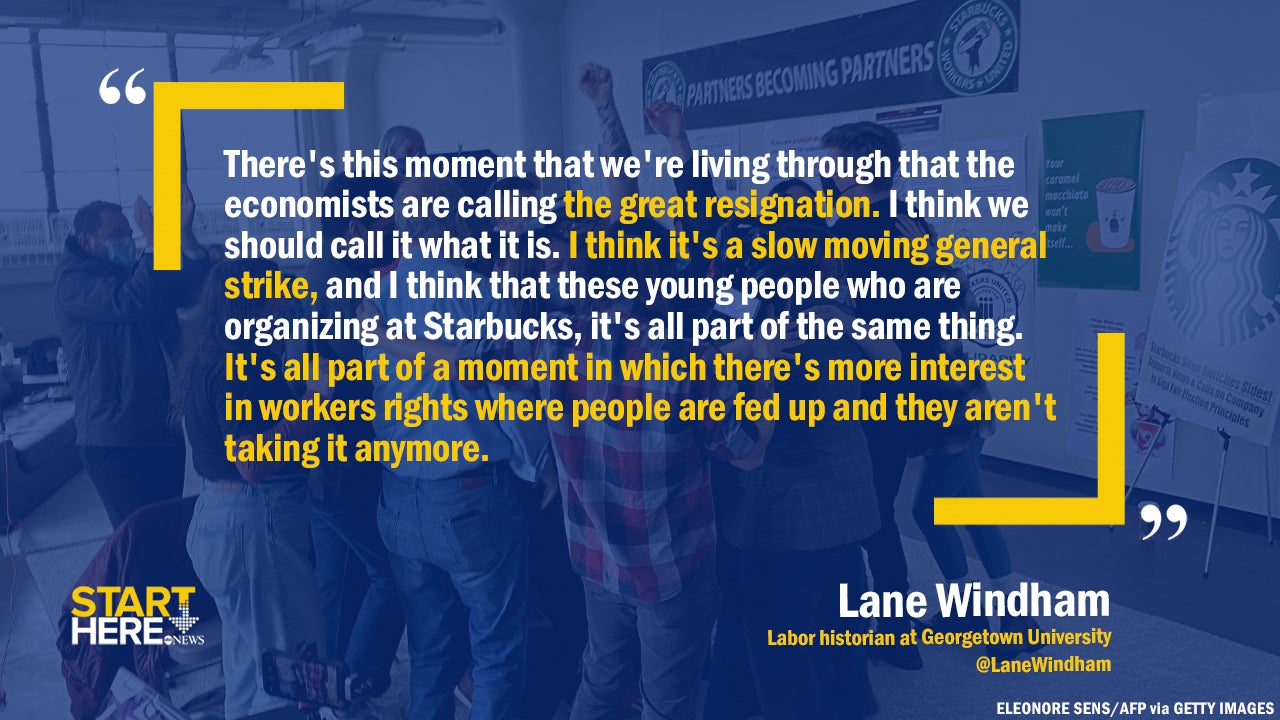 Quote by Lane Windham, labor historian at Georgetown University against a background of Starbucks employees. The quote says 