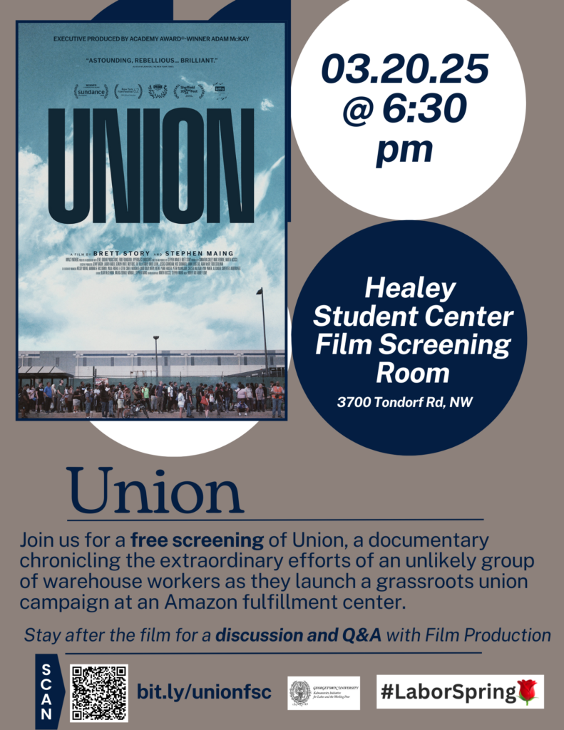 Poster for the movie Union. It is a brown flyer with the date March 20th 2025 on it and the time 6:30 pm. Location is the Healey Student Center Film Screening Room. There is a description of the film.